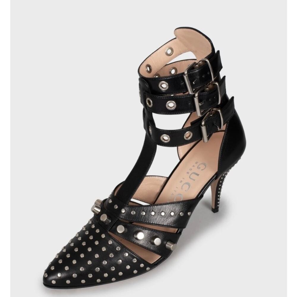 NWB Elegant Gucci Black Leather Studded Wedge Heels Sz. 39 - Picture 3 of 5